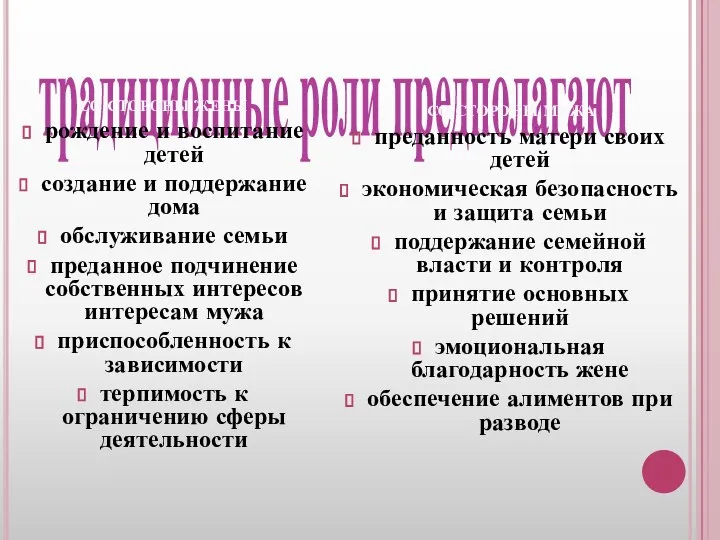 традиционные роли предполагают СО СТОРОНЫ ЖЕНЫ рождение и воспитание детей создание