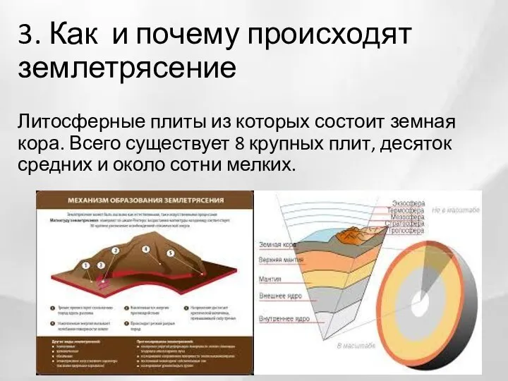 3. Как и почему происходят землетрясение Литосферные плиты из которых состоит