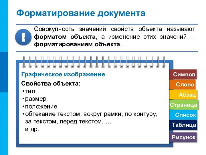 Форматирование документа Совокупность значений свойств объекта называют форматом объекта, а изменение