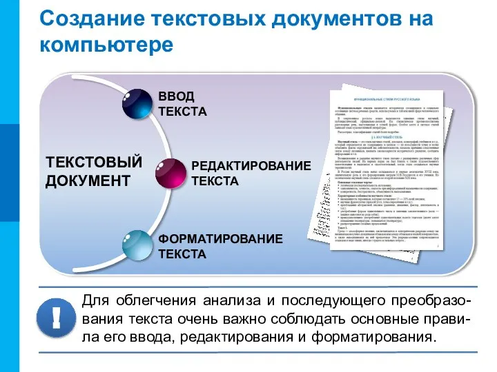 Создание текстовых документов на компьютере ТЕКСТОВЫЙ ДОКУМЕНТ Для облегчения анализа и