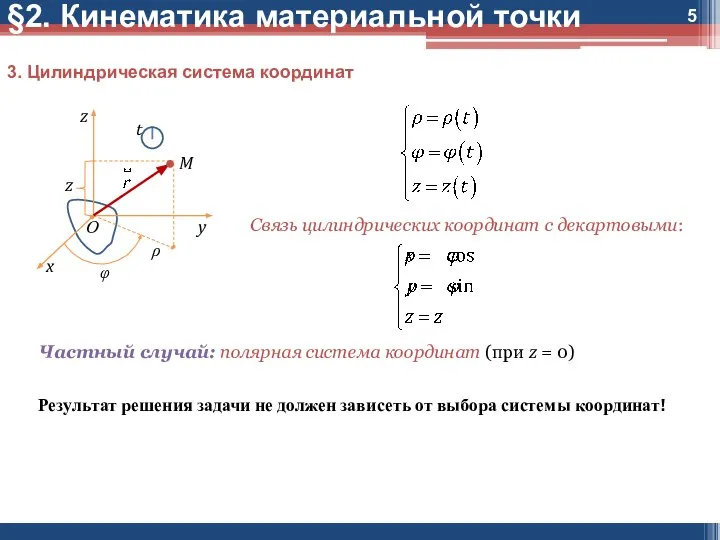 §2. Кинематика материальной точки 3. Цилиндрическая система координат Связь цилиндрических координат