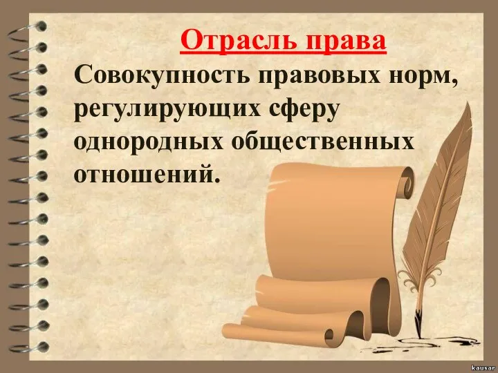 Отрасль права Совокупность правовых норм, регулирующих сферу однородных общественных отношений.