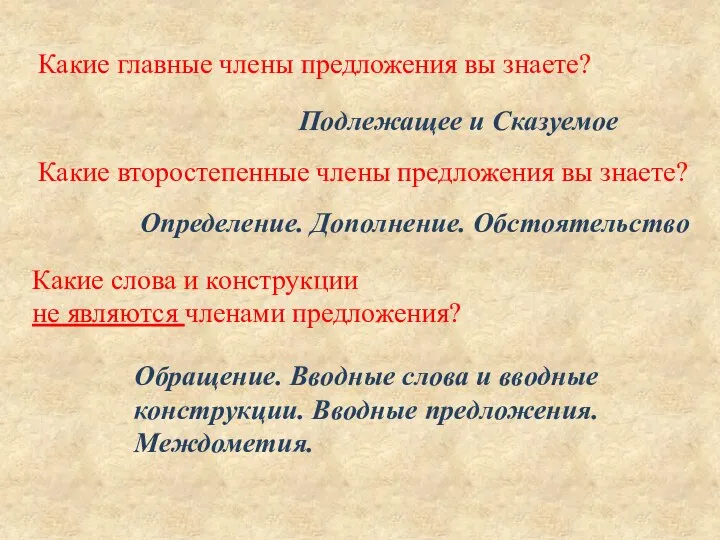 Какие главные члены предложения вы знаете? Подлежащее и Сказуемое Какие второстепенные