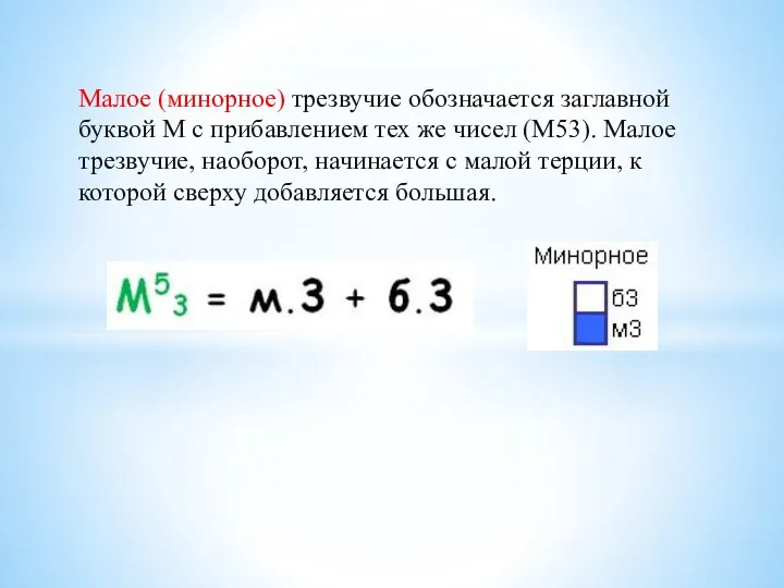 Малое (минорное) трезвучие обозначается заглавной буквой М с прибавлением тех же