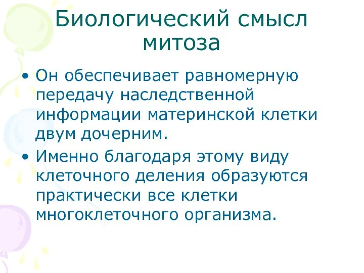 Биологический смысл митоза Он обеспечивает равномерную передачу наследственной информации материнской клетки