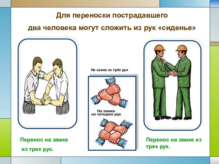 Для переноски пострадавшего два человека могут сложить из рук «сиденье» Перенос