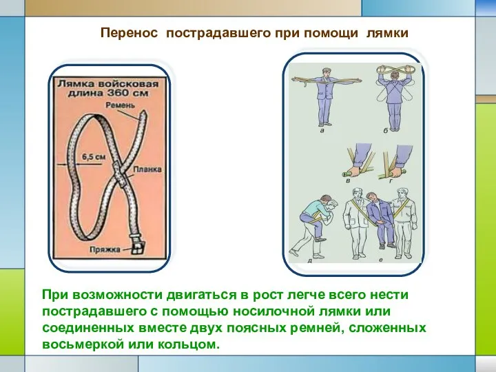 Перенос пострадавшего при помощи лямки При возможности двигаться в рост легче