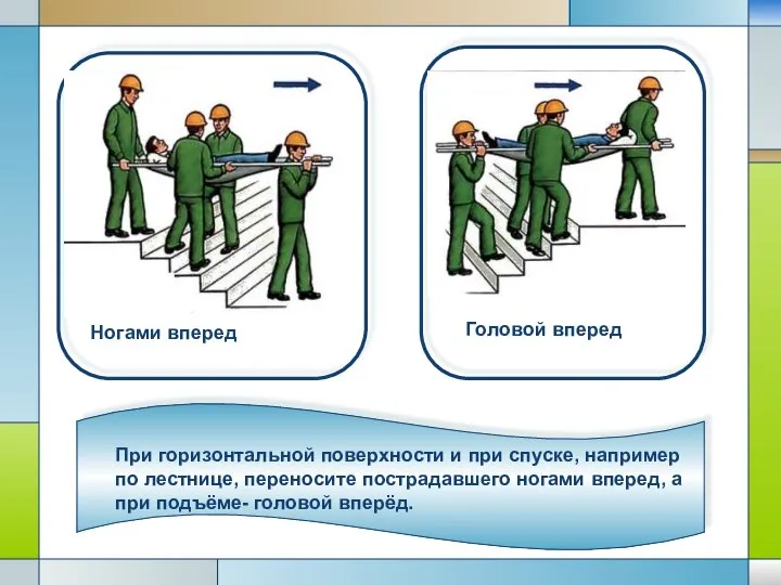 При горизонтальной поверхности и при спуске, например по лестнице, переносите пострадавшего