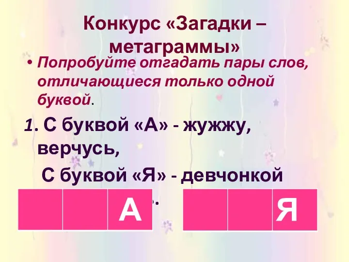 Конкурс «Загадки – метаграммы» Попробуйте отгадать пары слов, отличающиеся только одной