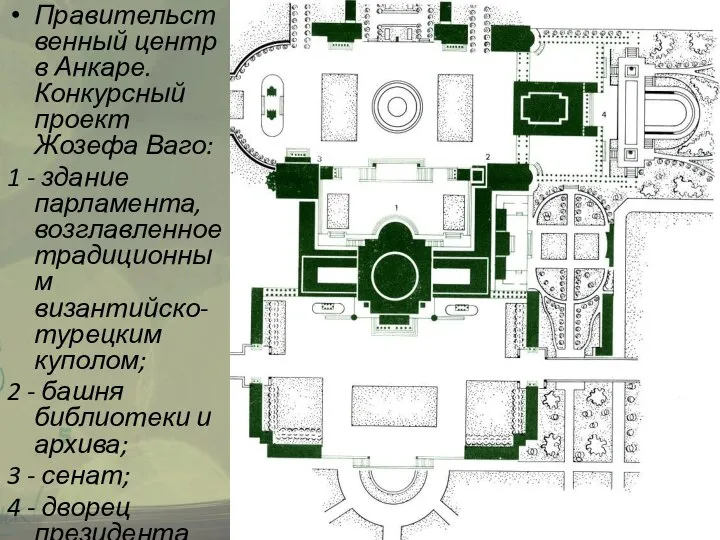 Правительственный центр в Анкаре. Конкурсный проект Жозефа Ваго: 1 - здание