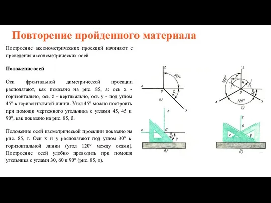 Повторение пройденного материала Построение аксонометрических проекций начинают с проведения аксонометрических осей.