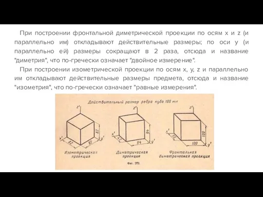 При построении фронтальной диметрической проекции по осям х и z (и