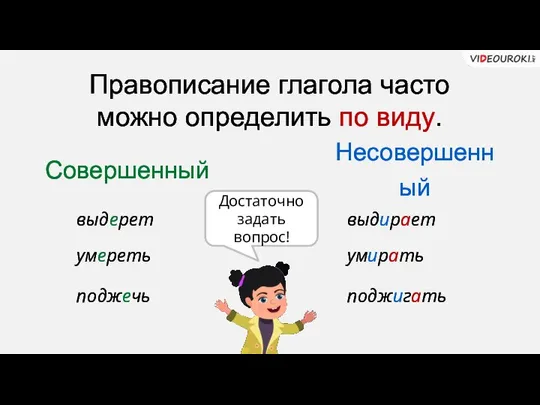 Совершенный Несовершенный выдерет выдирает Правописание глагола часто можно определить по виду.