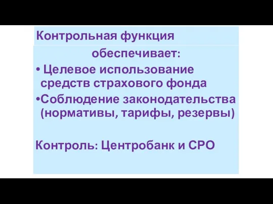 Контрольная функция обеспечивает: Целевое использование средств страхового фонда Соблюдение законодательства (нормативы,