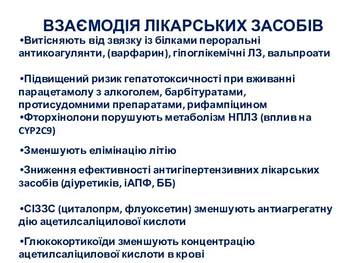 ВЗАЄМОДІЯ ЛІКАРСЬКИХ ЗАСОБІВ Витісняють від звязку із білками пероральні антикоагулянти, (варфарин),