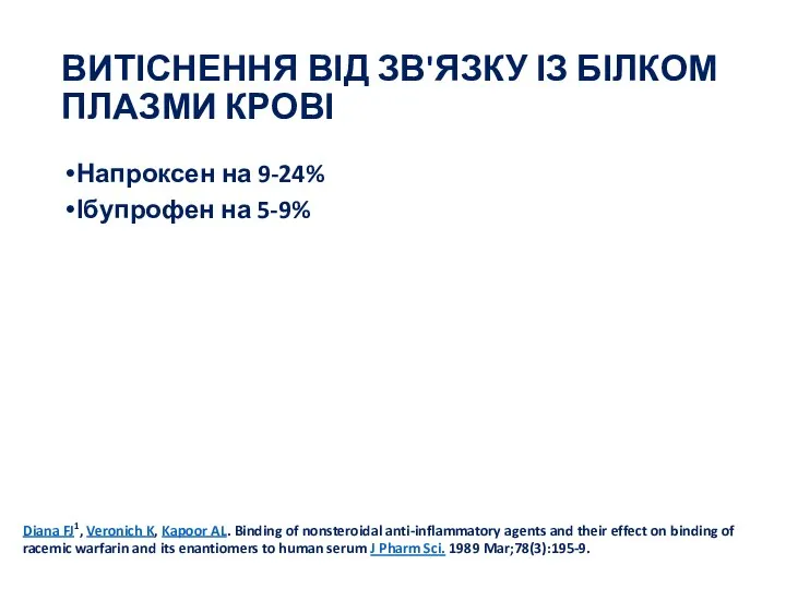 ВИТІСНЕННЯ ВІД ЗВ'ЯЗКУ ІЗ БІЛКОМ ПЛАЗМИ КРОВІ Напроксен на 9-24% Ібупрофен