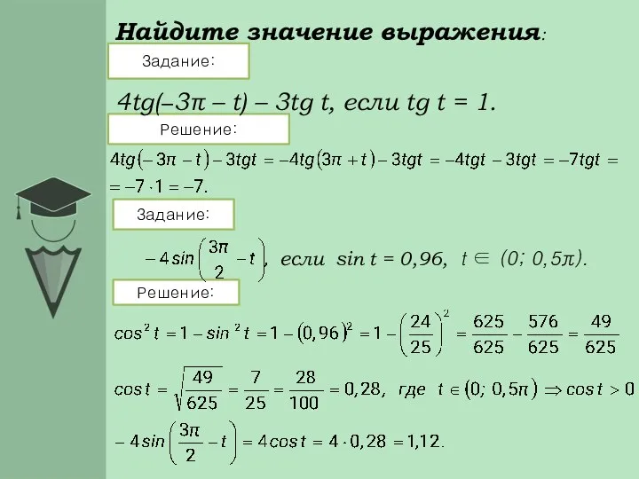 Найдите значение выражения: Задание: Решение: Задание: Решение: 4tg(−3π – t) –