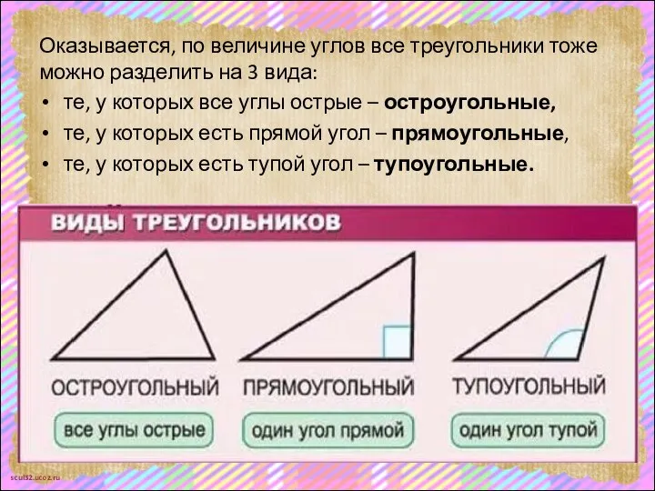 Оказывается, по величине углов все треугольники тоже можно разделить на 3