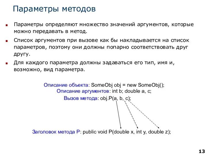 Параметры методов Параметры определяют множество значений аргументов, которые можно передавать в