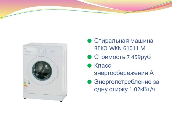 Стиральная машина BEKO WKN 61011 M Стоимость 7 459руб Класс энергосбережения