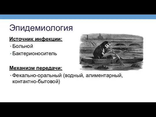 Эпидемиология Источник инфекции: Больной Бактерионоситель Механизм передачи: Фекально-оральный (водный, алиментарный, контактно-бытовой)