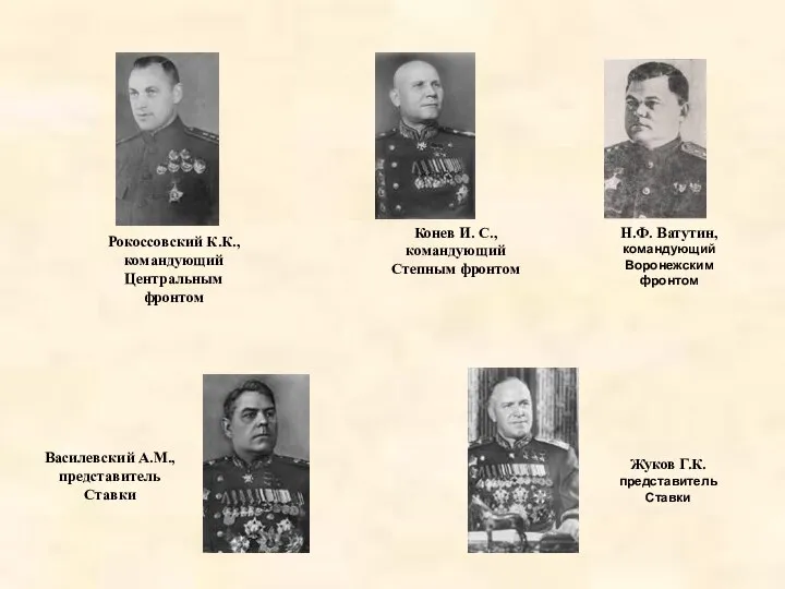Рокоссовский К.К., командующий Центральным фронтом Конев И. С., командующий Степным фронтом