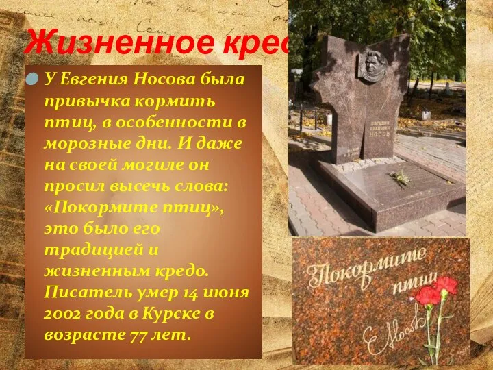 Жизненное кредо У Евгения Носова была привычка кормить птиц, в особенности