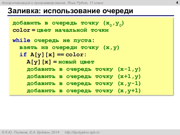 Заливка: использование очереди добавить в очередь точку (x0,y0) color = цвет