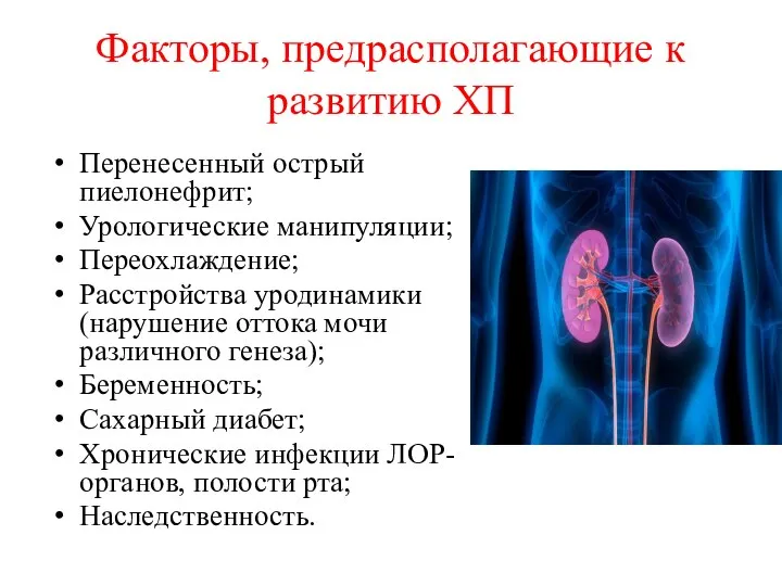 Факторы, предрасполагающие к развитию ХП Перенесенный острый пиелонефрит; Урологические манипуляции; Переохлаждение;