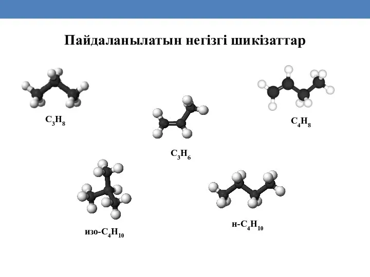 Пайдаланылатын негізгі шикізаттар С3Н8 С3Н6 С4Н8 изо-С4Н10 н-С4Н10