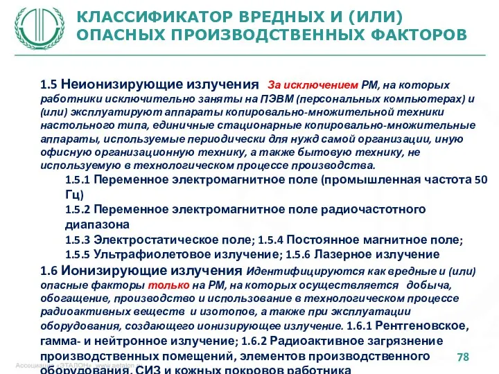 КЛАССИФИКАТОР ВРЕДНЫХ И (ИЛИ) ОПАСНЫХ ПРОИЗВОДСТВЕННЫХ ФАКТОРОВ 1.5 Неионизирующие излучения За