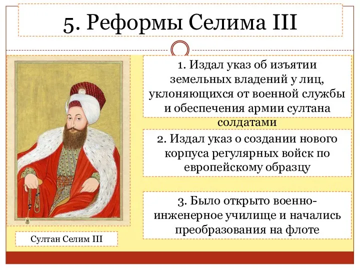 5. Реформы Селима III 1. Издал указ об изъятии земельных владений