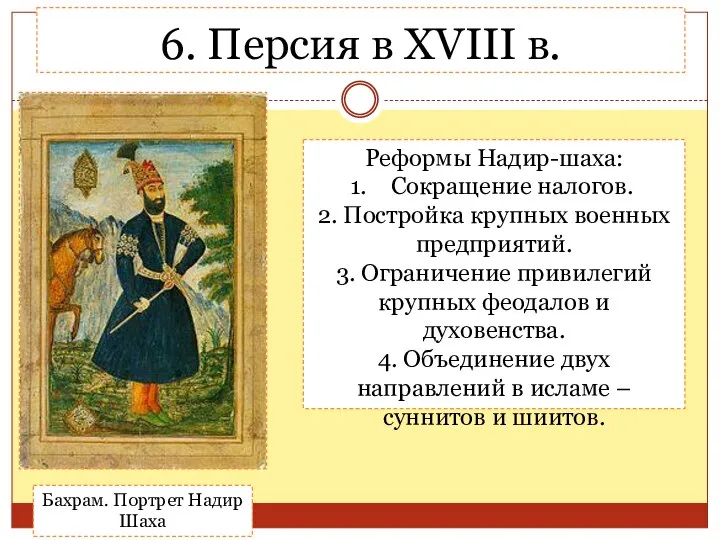 6. Персия в XVIII в. Реформы Надир-шаха: Сокращение налогов. 2. Постройка