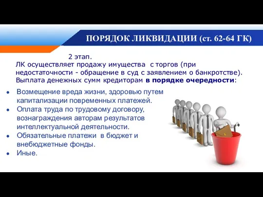 ПОРЯДОК ЛИКВИДАЦИИ (ст. 62-64 ГК) Возмещение вреда жизни, здоровью путем капитализации