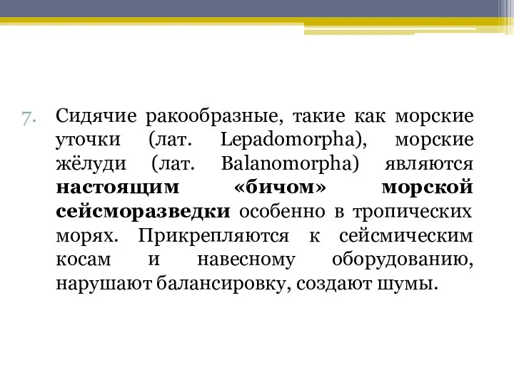 Сидячие ракообразные, такие как морские уточки (лат. Lepadomorpha), морские жёлуди (лат.