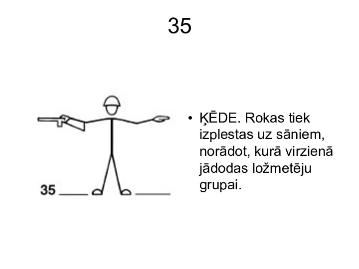 35 ĶĒDE. Rokas tiek izplestas uz sāniem, norādot, kurā virzienā jādodas ložmetēju grupai.