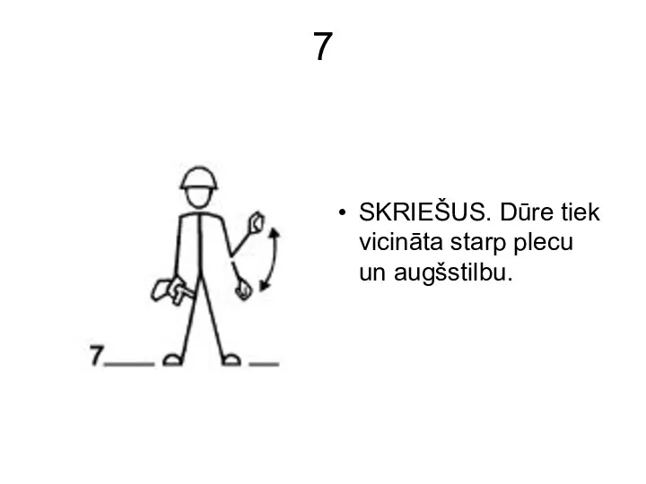 7 SKRIEŠUS. Dūre tiek vicināta starp plecu un augšstilbu.