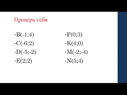 Проверь себя B(-1;4) C(-6;2) D(-5;-2) E(2;2) F(0;3) K(4;0) M(-2;-4) N(5;4)