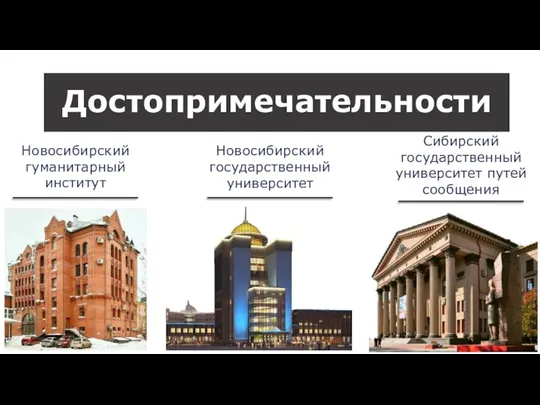 Достопримечательности Новосибирский гуманитарный институт Новосибирский государственный университет Сибирский государственный университет путей сообщения