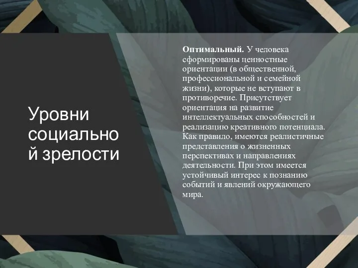 Уровни социальной зрелости Оптимальный. У человека сформированы ценностные ориентации (в общественной,