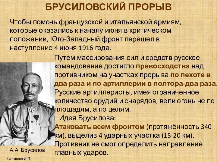 БРУСИЛОВСКИЙ ПРОРЫВ Куляшова И.П. А.А. Брусилов Путем массирования сил и средств