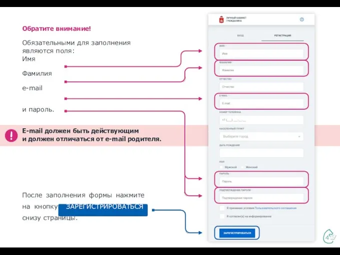 Обратите внимание! Обязательными для заполнения являются поля: Имя Фамилия e-mail и