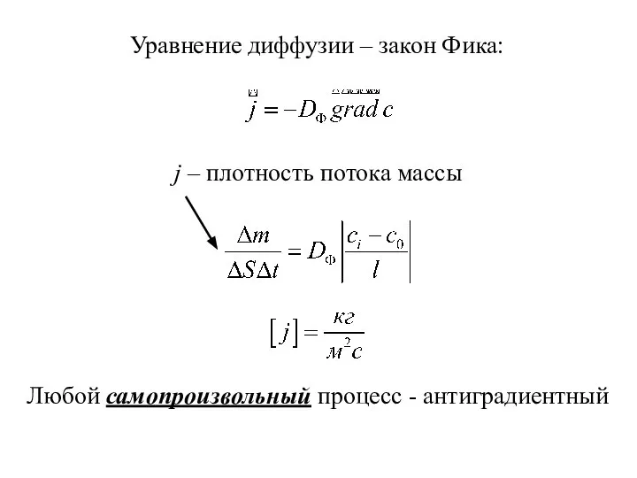 Уравнение диффузии – закон Фика: Любой самопроизвольный процесс - антиградиентный j – плотность потока массы