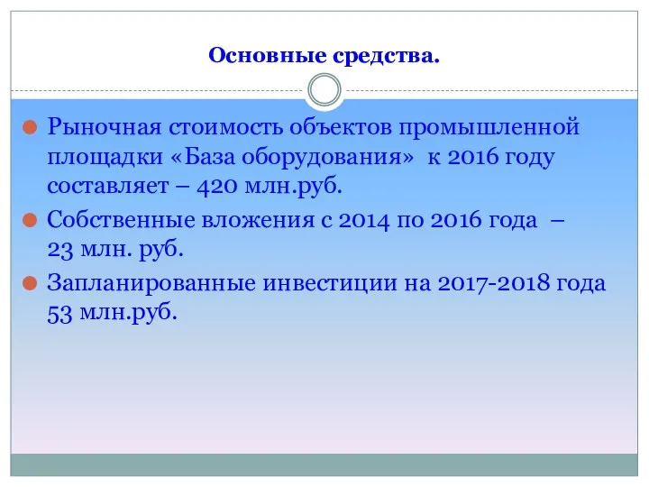 Основные средства. Рыночная стоимость объектов промышленной площадки «База оборудования» к 2016