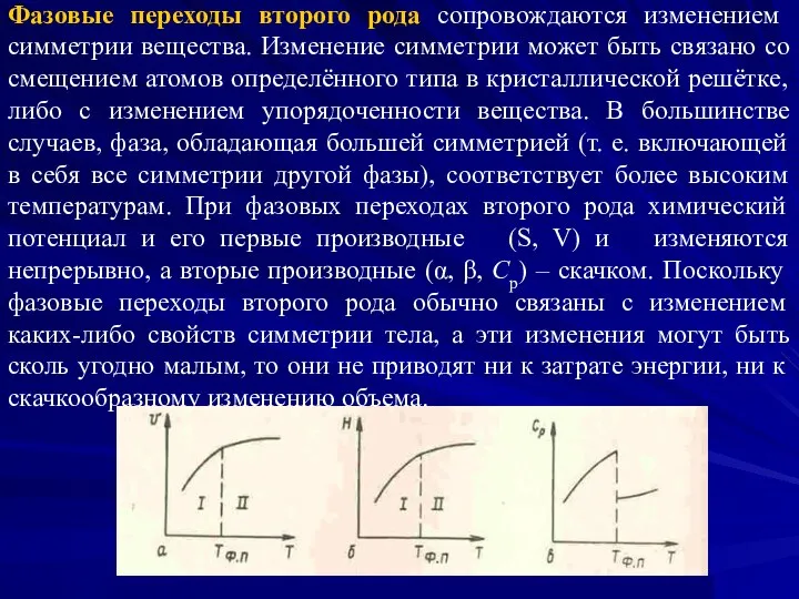 Фазовые переходы второго рода сопровождаются изменением симметрии вещества. Изменение симметрии может