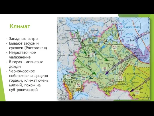 Климат Западные ветры Бывают засухи и суховеи (Ростовская) Недостаточное увлажнение В