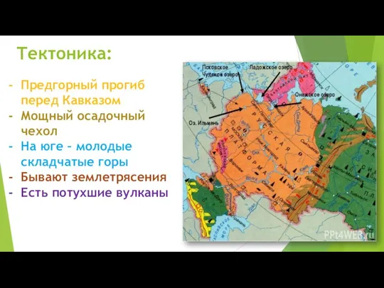 Тектоника: Предгорный прогиб перед Кавказом Мощный осадочный чехол На юге –