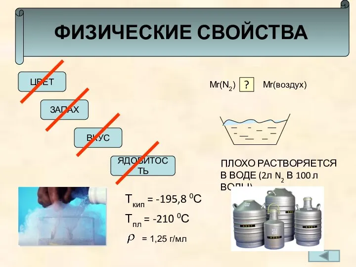 ФИЗИЧЕСКИЕ СВОЙСТВА ЦВЕТ ЗАПАХ ВКУС ЯДОВИТОСТЬ Mr(N2) ?