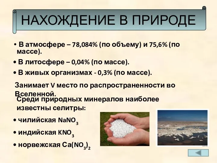 НАХОЖДЕНИЕ В ПРИРОДЕ В атмосфере – 78,084% (по объему) и 75,6%