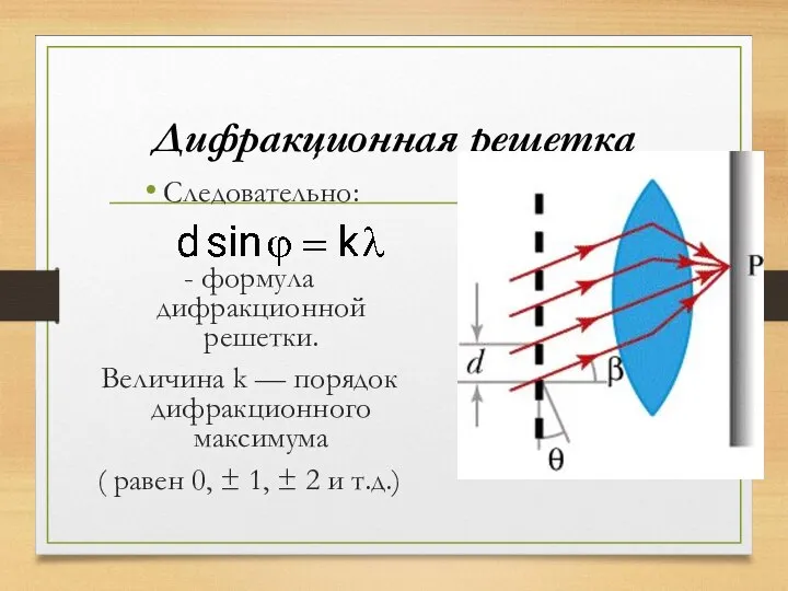 Дифракционная решетка Следовательно: - формула дифракционной решетки. Величина k — порядок